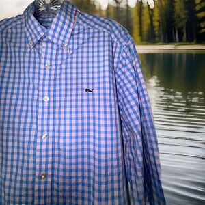 Vineyard Vines Men's Small Whale Shirt Blue Red‎ White Check Long Sleeve